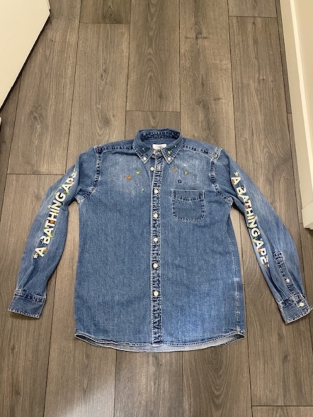 BAPE A Bathing Ape Denim Floral Button Up Shirt Size S